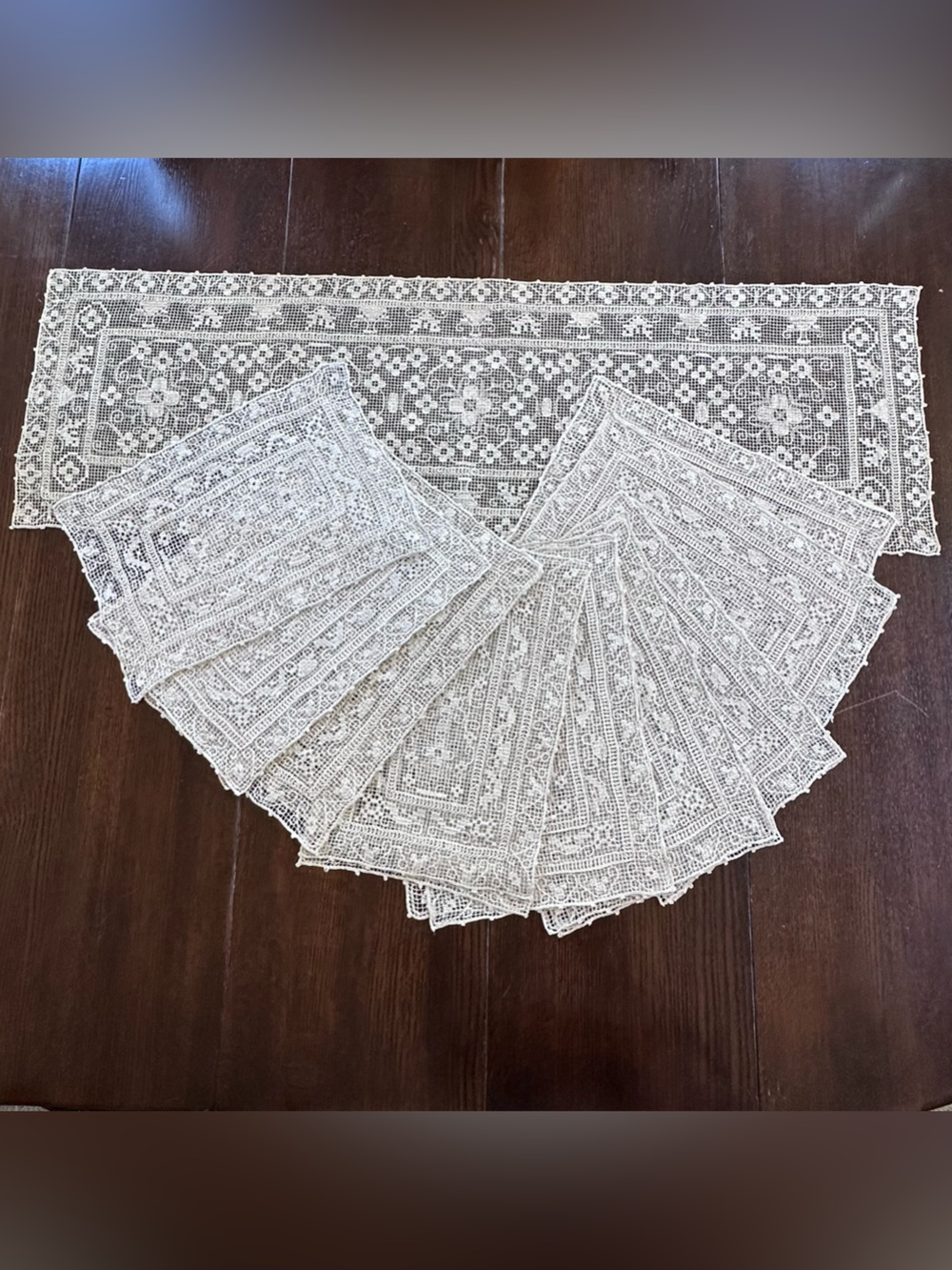 Vintage Filet Crochet Lace Banquet 18 Placemats 11x17 Runner 46x15 Ecru 19pc Set
